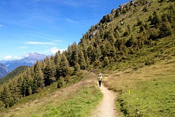 A person riding a bike on a trail in the mountains