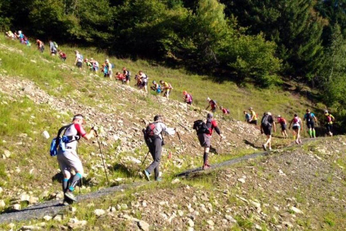 A group of people are hiking up a hill