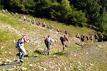 A group of people are hiking up a hill