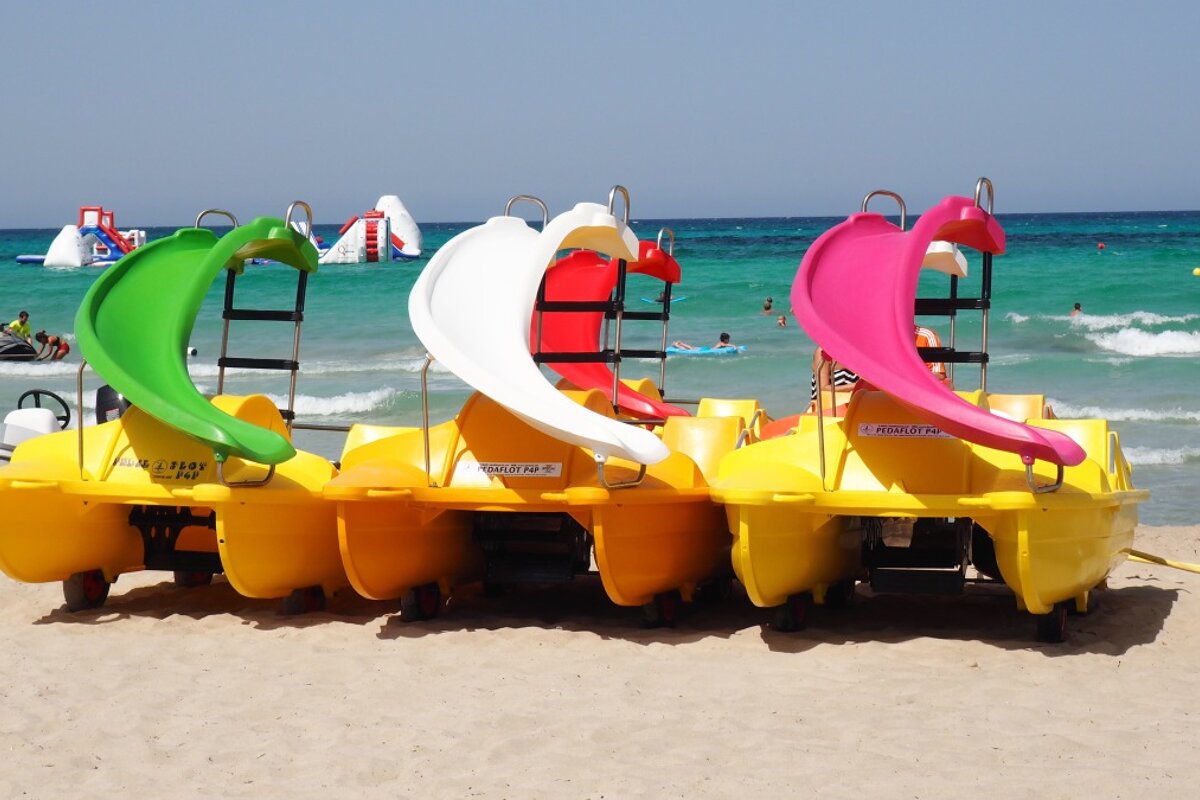 pedal boats with slides ready to hit the waves