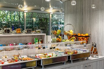 A buffet with a sign that says ' a ' on it