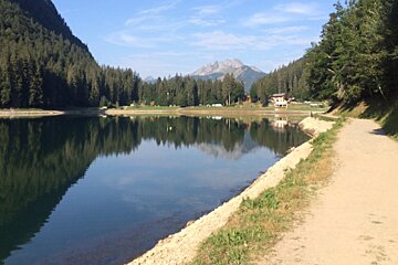 A path leading to a lake with mountains in the background