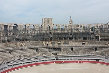 An empty stadium with a red circle in the middle