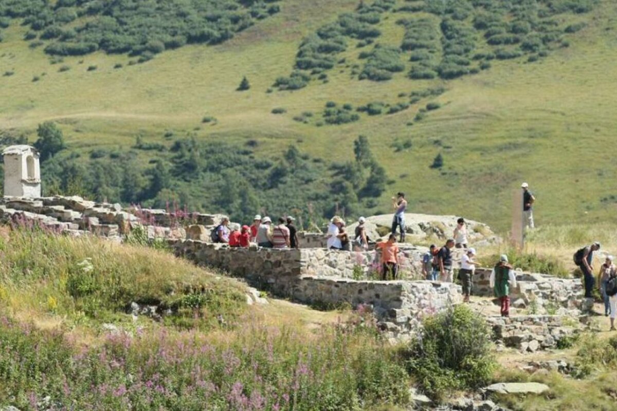 A group of people standing on a stone wall in a field