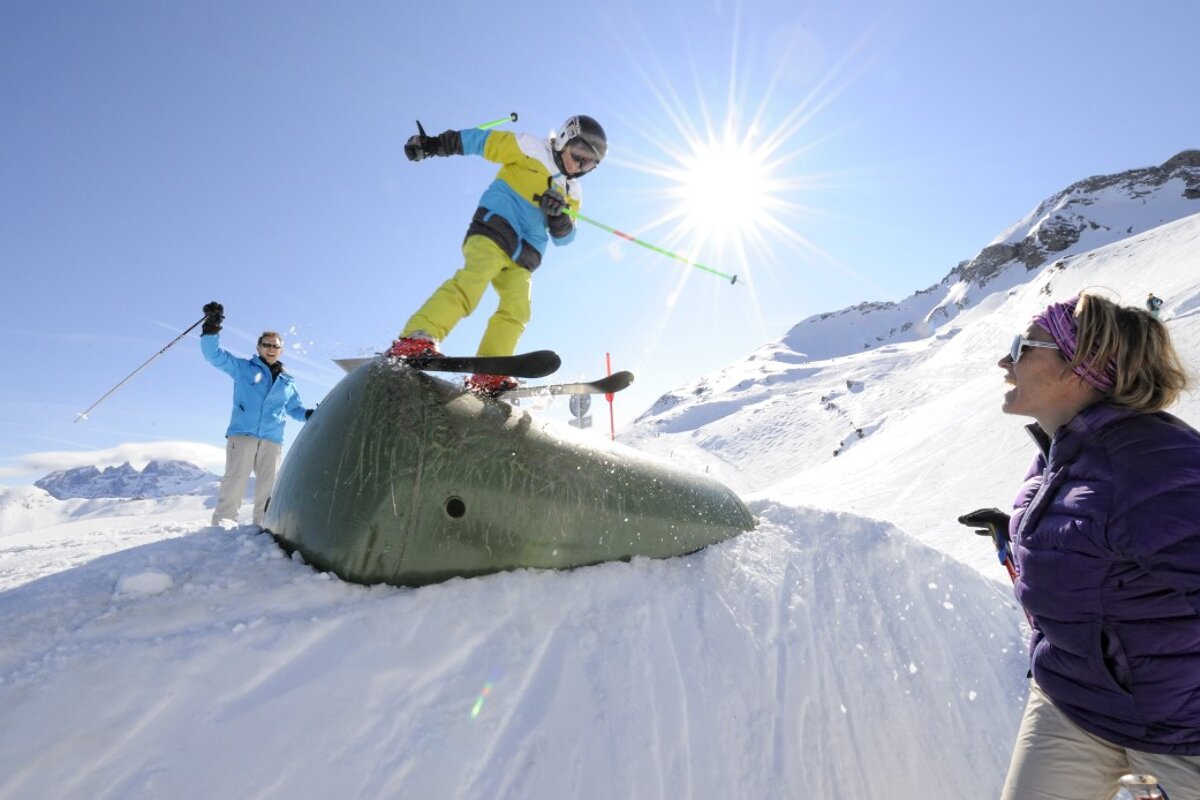 A woman in a purple jacket watches a person do a trick on skis