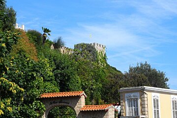 a fort on a hill top partially covered with trees