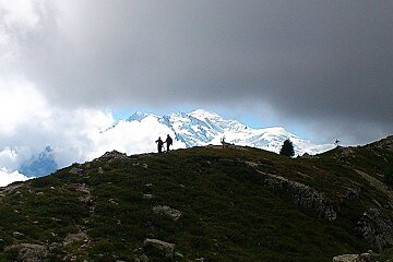 An image of Mont Blanc from the mountain with hikers on a hiking trail near chamonix flegere