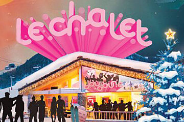 A group of people are standing in front of a chalet with a christmas tree in the background