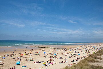 a wide long stretch of beach with a lot of people