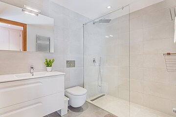 A bathroom with a toilet a sink and a walk in shower
