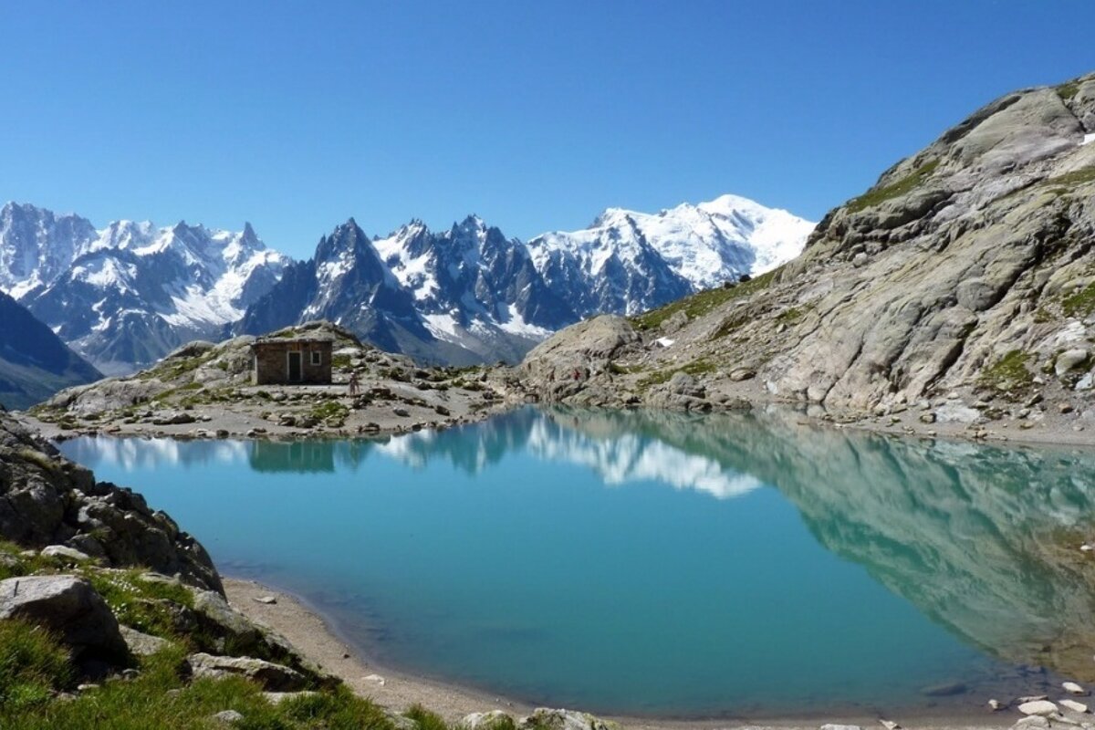 An alpine lake with Mont Blanc and mountains in the background