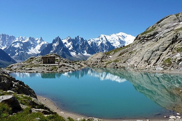 An alpine lake with Mont Blanc and mountains in the background