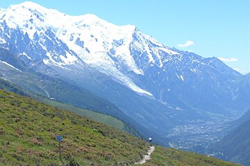 view of Mont blanc from a mountain bike trail in chamonix