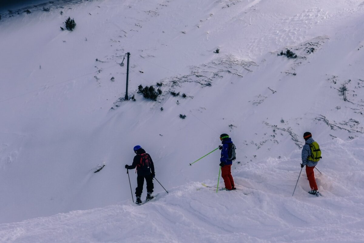 three skiers looking at a line