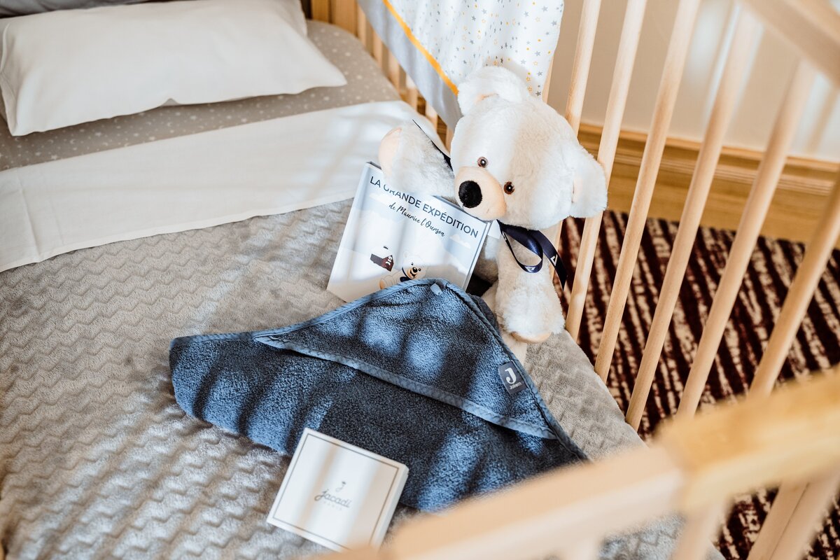 A teddy bear sits next to a book titled la grande expedition