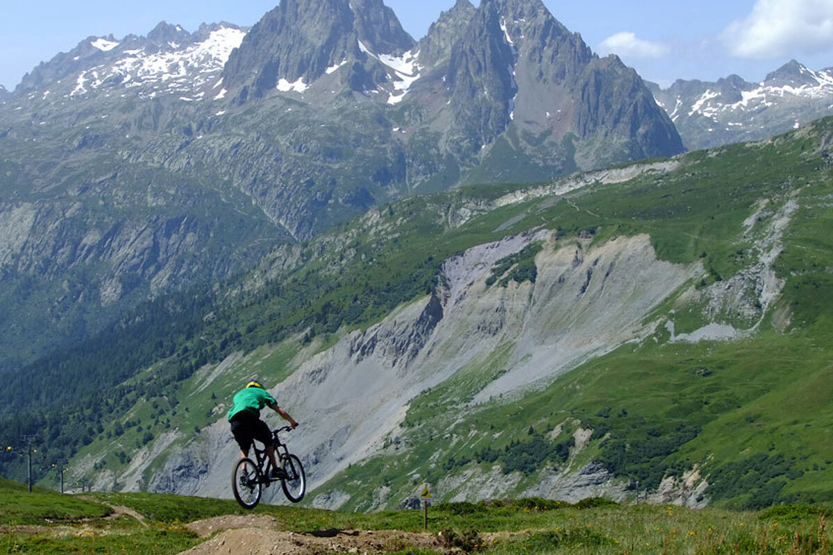 a man on a mountain bike flying over a hip
