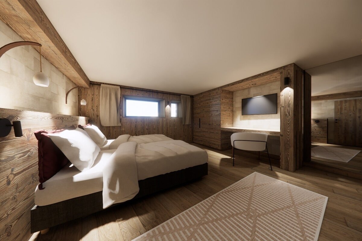 Stylish wooden bedroom with a large bed, built-in TV desk, and warm lighting, creating a cozy, contemporary feel.
