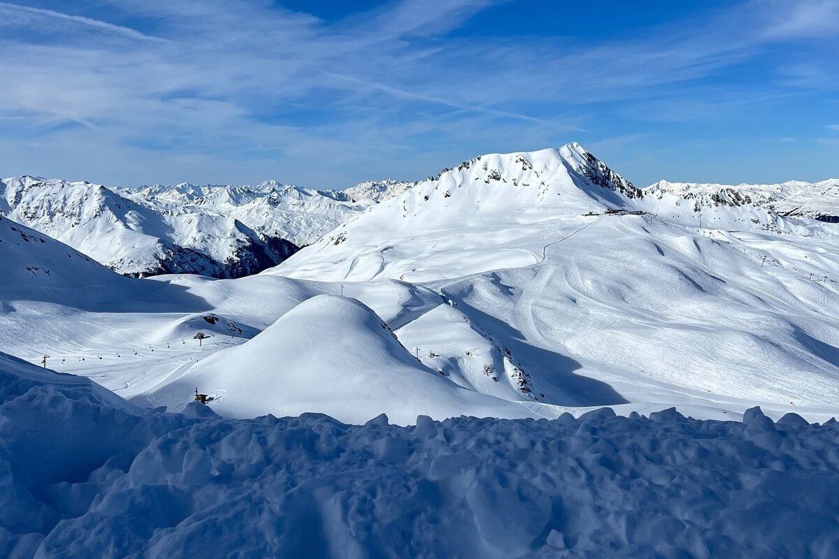 Les Arcs on a sunny blue sky day in April