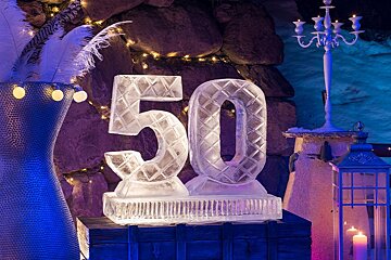 A large ice sculpture of the number 50