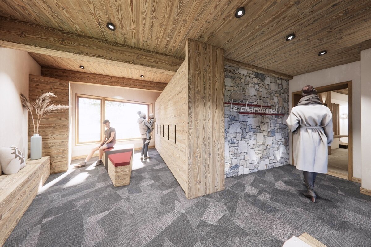 Cozy chalet-style interior with wood and stone, featuring a 