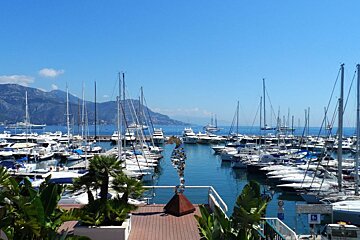 lots of tall masted boats in a small harbour