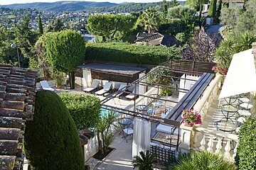 An aerial view of a house with a swimming pool