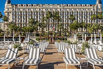 The carlton hotel is surrounded by palm trees and chairs