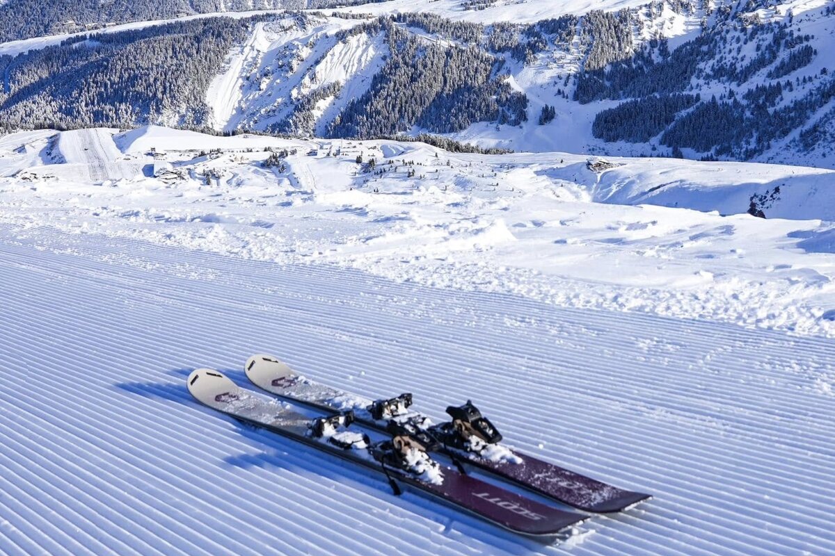 Skis on the snowy piste ready in Courchevel