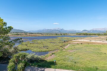 A view of a lake with mountains in the background
