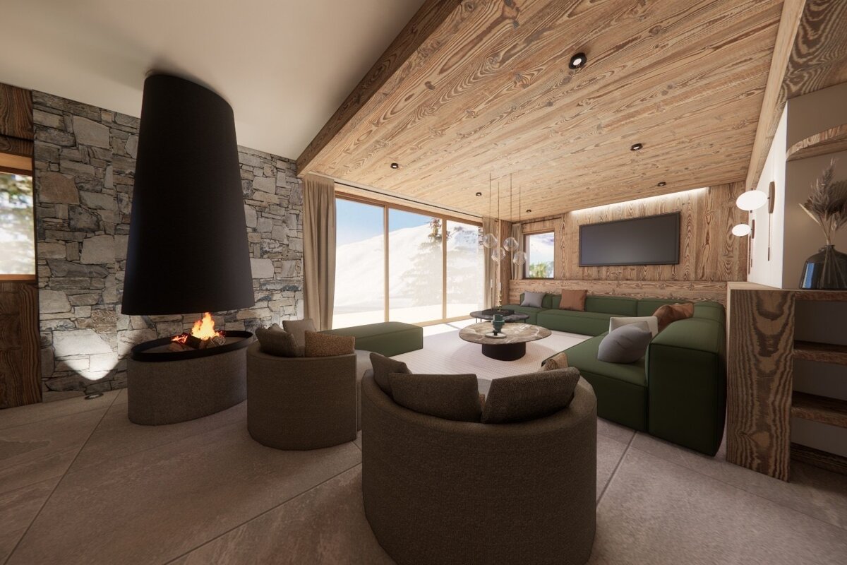 Luxurious chalet living room with a modern suspended fireplace, green sectional sofa, stone wall, wooden ceiling, and snowy mountain view.