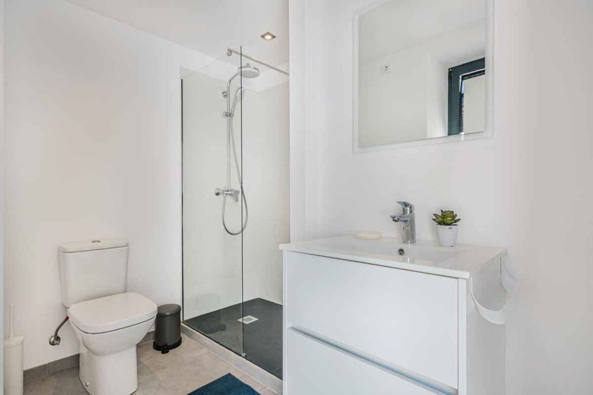 A bright, modern bathroom with a white toilet, glass shower, and vanity with a sink and mirror. Features white walls, grey floor, and a small green plant.