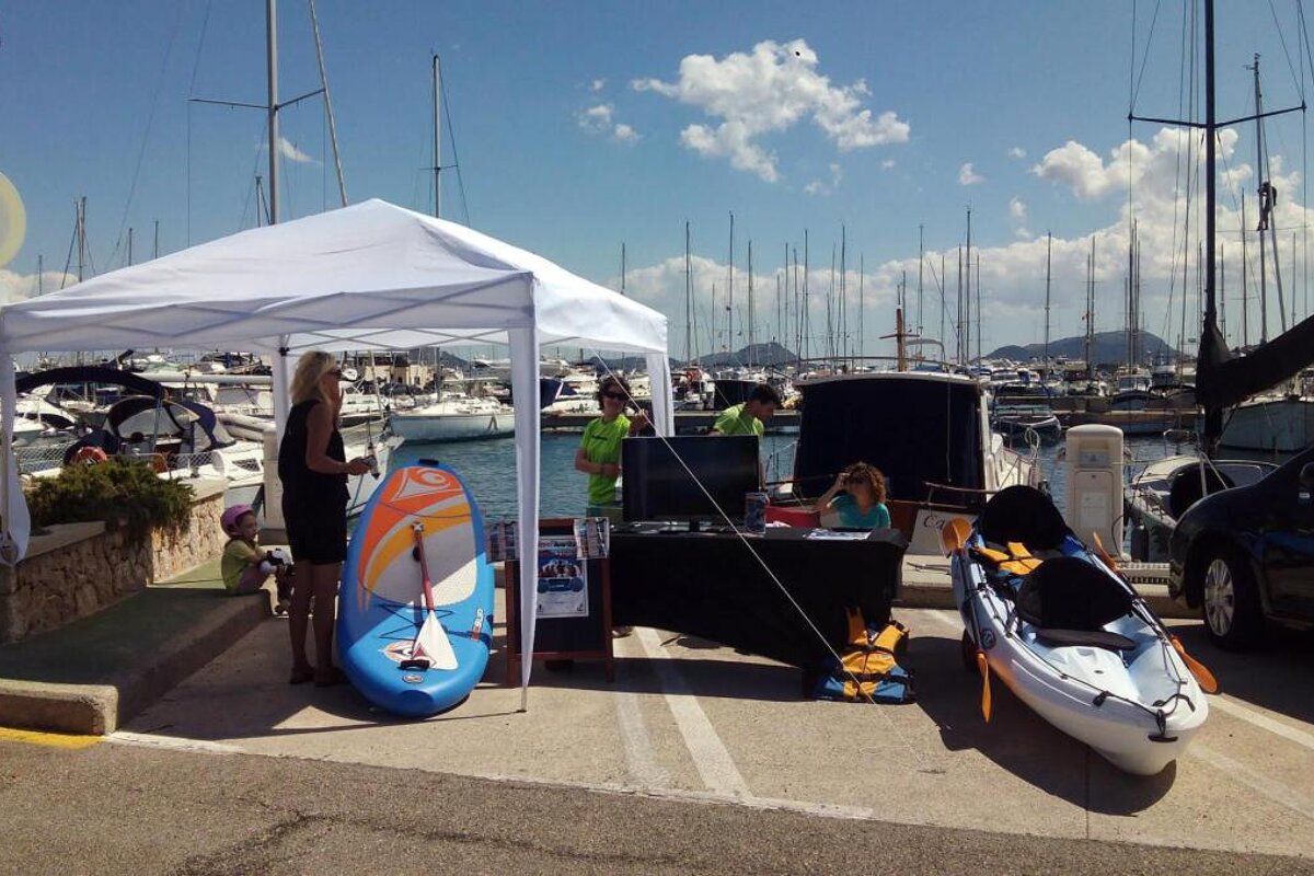 a stand at a yacht show in the marina