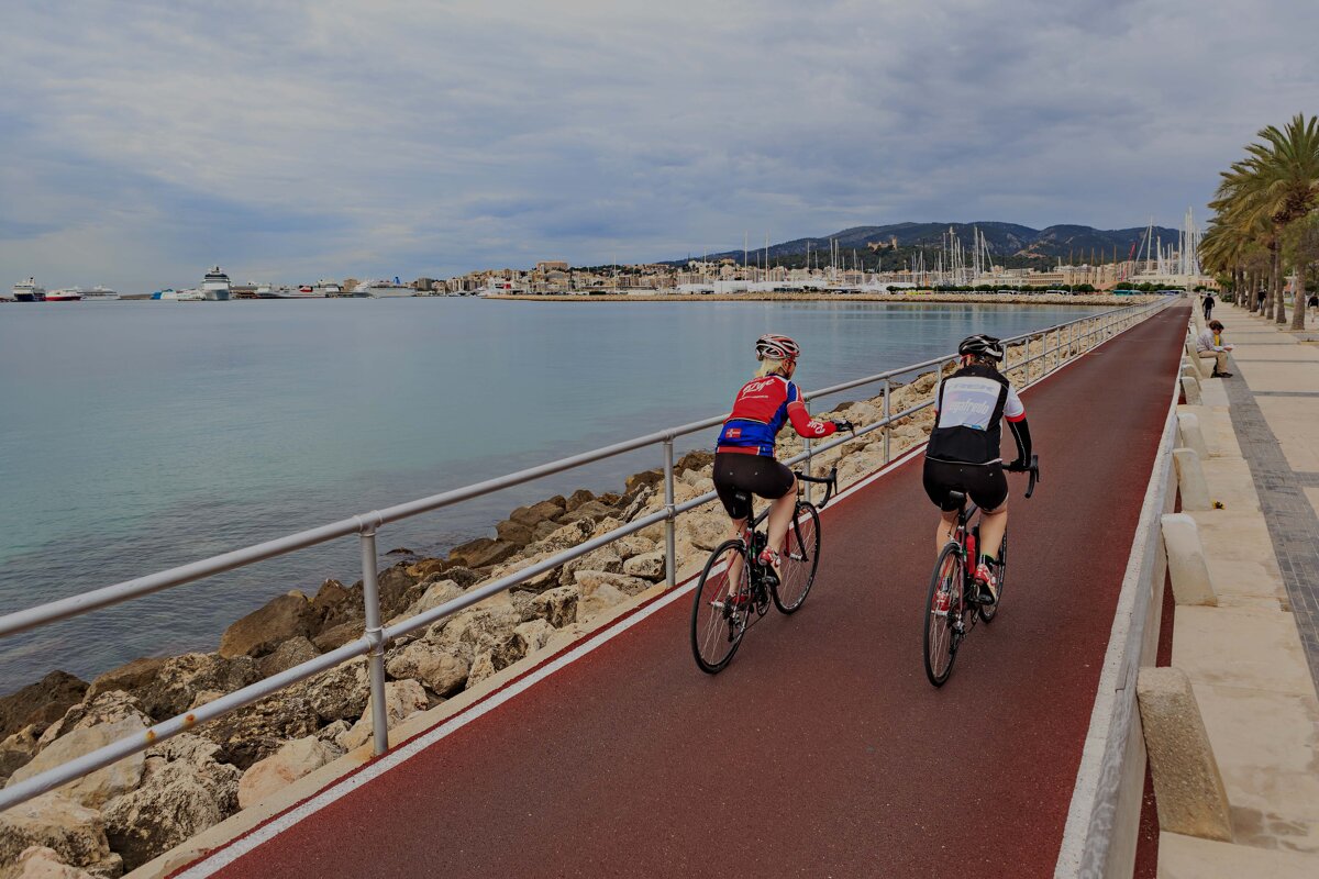 Two people riding bicycles on a path near the water