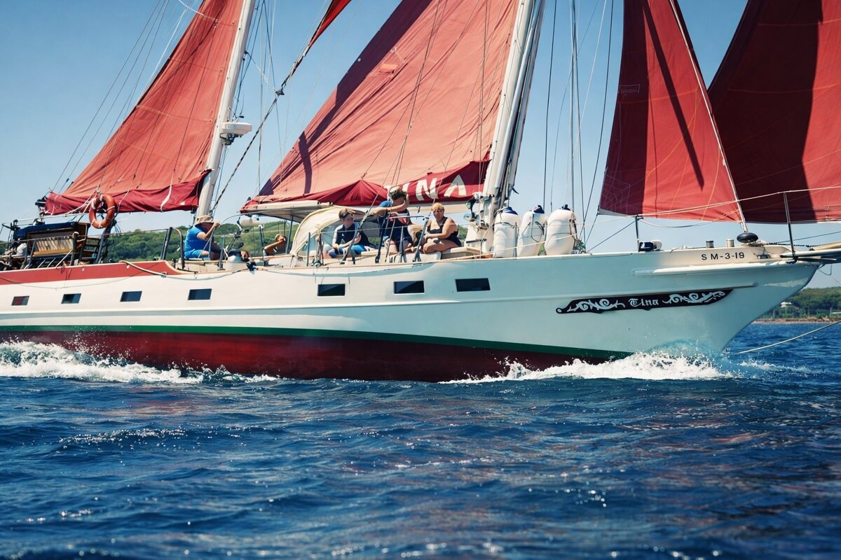 A white and red sailboat with red sails, carrying several people, cuts through blue water, leaving a wake on a sunny day.