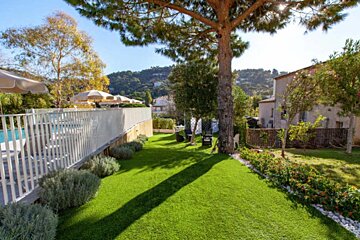 A lush green lawn with a tree in the middle