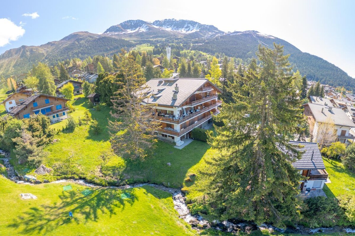 An aerial view of a house with a mountain in the background