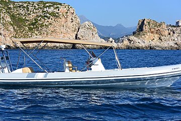 A boat with a canopy on it is powered by evinrude engines