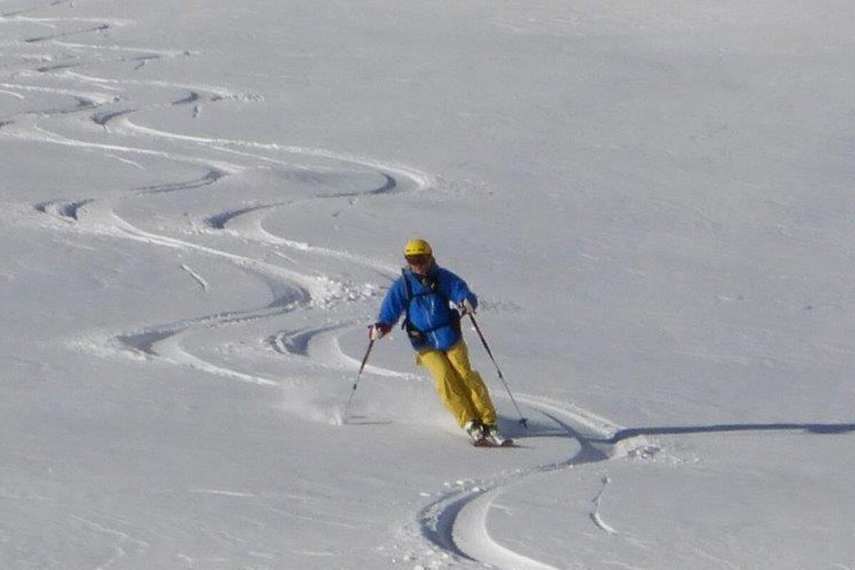 a skier in parallel tracks