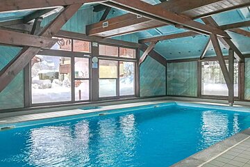 An indoor swimming pool with blue water, large windows revealing a snowy winter landscape, and a distinctive wooden beamed ceiling.