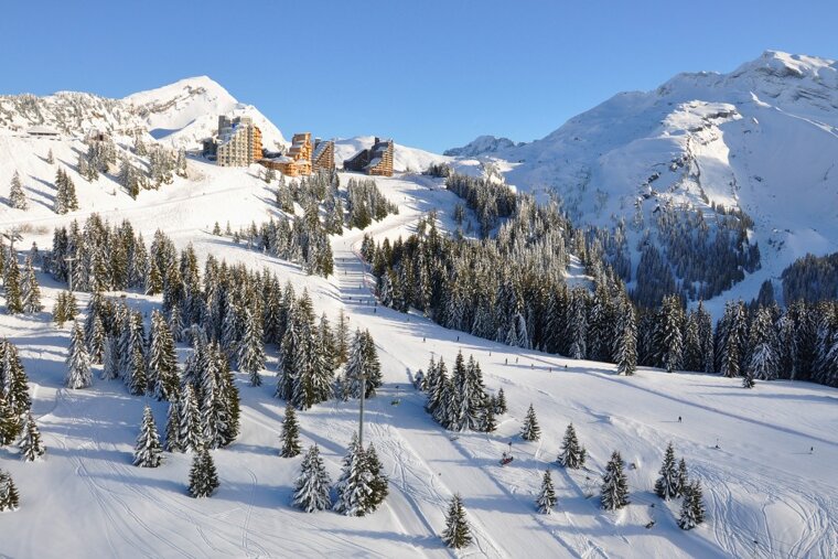 snow-covered pistes looking towards Avoriaz