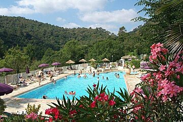 A large swimming pool surrounded by purple umbrellas and pink flowers