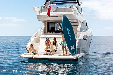 A group of people sitting on the back of a boat that says sunseeker