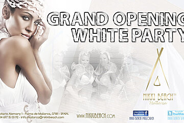 A white-themed promotional image for Nikki Beach Mallorca's Grand Opening White Party, featuring a woman in white, text, and faded images of performers.