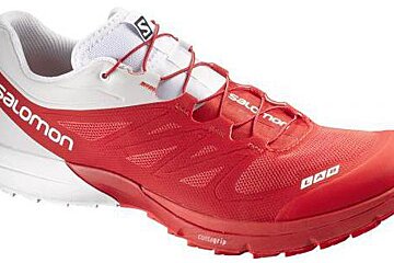 red and white running shoes
