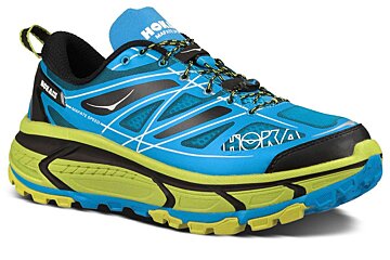 a blue and yellow trail shoe