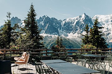 Tables and chairs with a mountain in the background