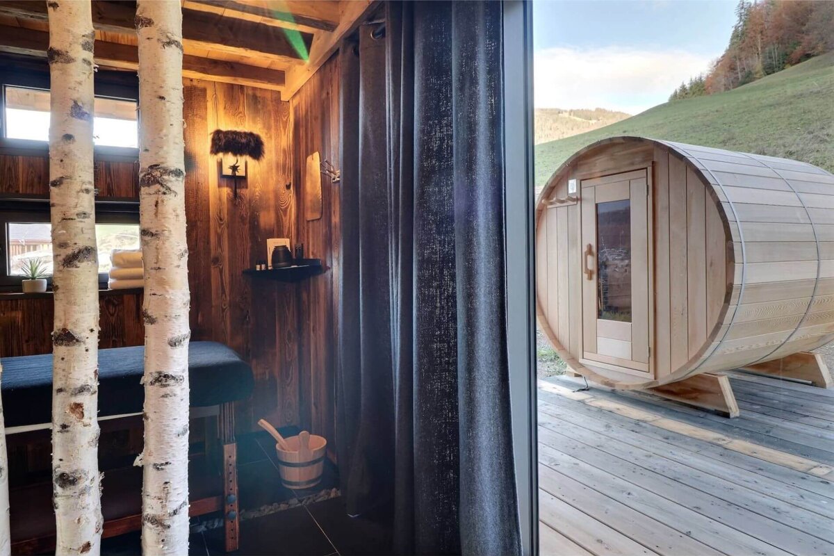 A picture of a sauna next to a picture of a massage table