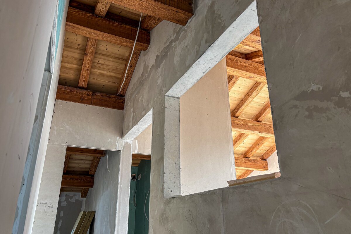 Looking up at the ceiling of a building under construction