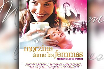 A poster for morzine aime les femmes shows a woman holding a cup of hot chocolate