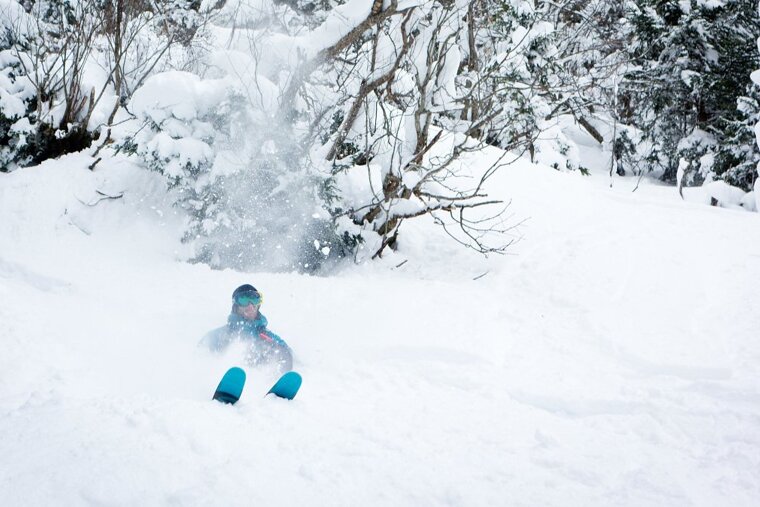 a skier in blue jacket and blue skis